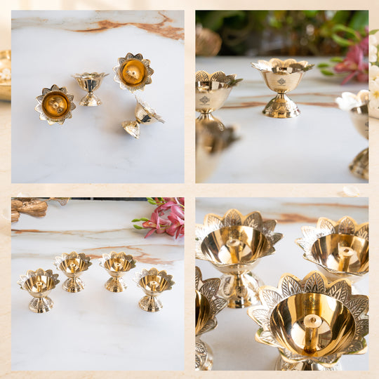 Brass Floral Diya Set of 4, Decorative Oil Lamps for Pooja