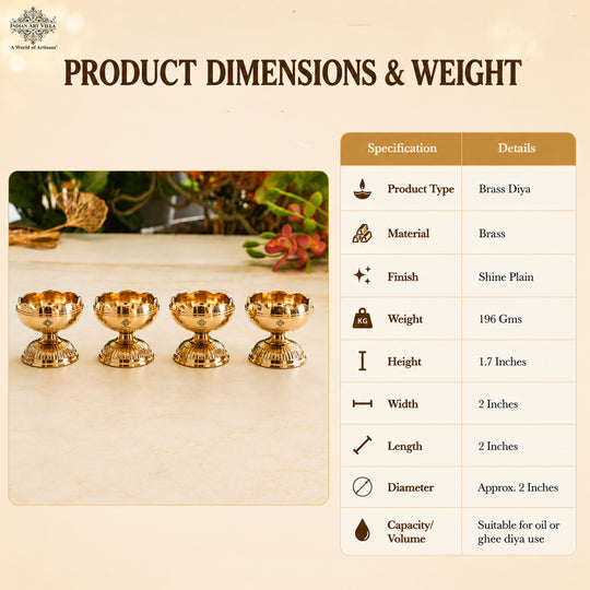 Brass Kamal Jyoti Diya Set of 4 - Lotus Design Oil Lamps