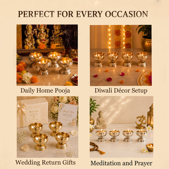 Brass Kamal Jyoti Diya Set of 4 - Lotus Design Oil Lamps