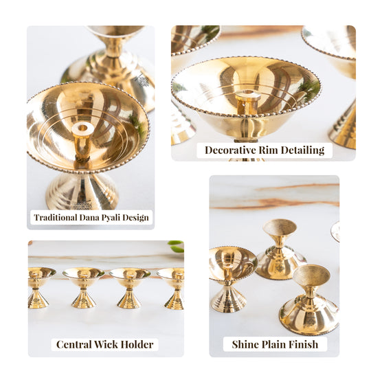 Brass Diya Set of 4 with Beaded Rim & Shine Finish
