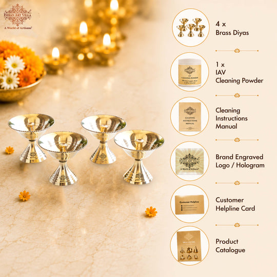 Brass Diya Set of 4 with Beaded Rim & Shine Finish