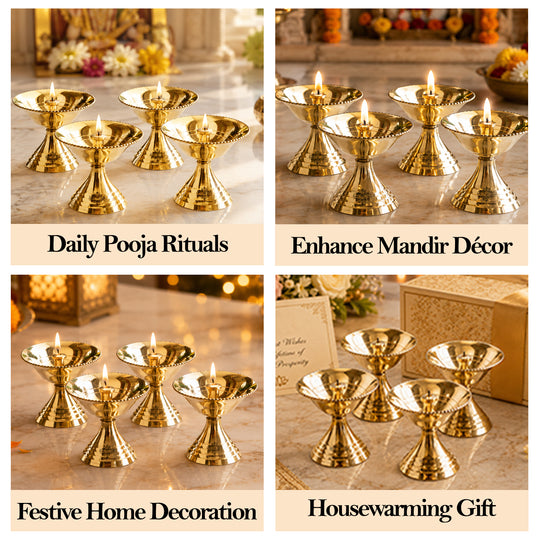 Brass Diya Set of 4 with Beaded Rim & Shine Finish