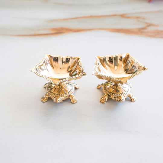 Brass Panch Mukhi Diya With Tortoise Base Set of 2