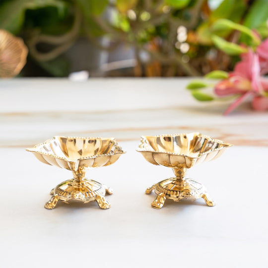 Brass Panch Mukhi Diya With Tortoise Base Set of 2