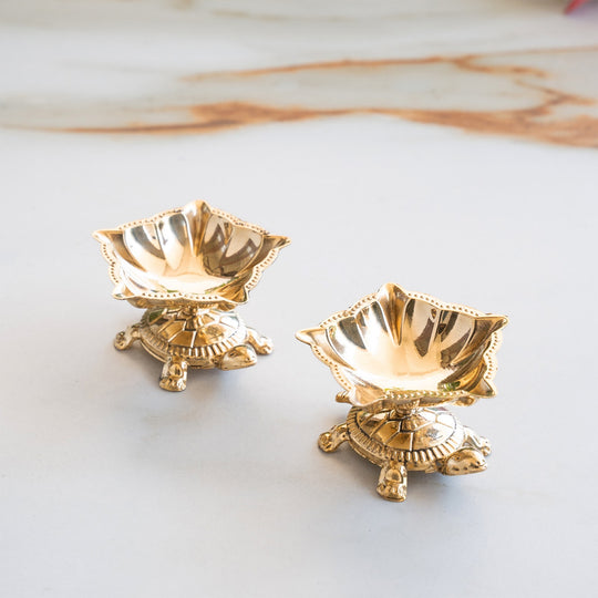 Brass Panch Mukhi Diya With Tortoise Base Set of 2