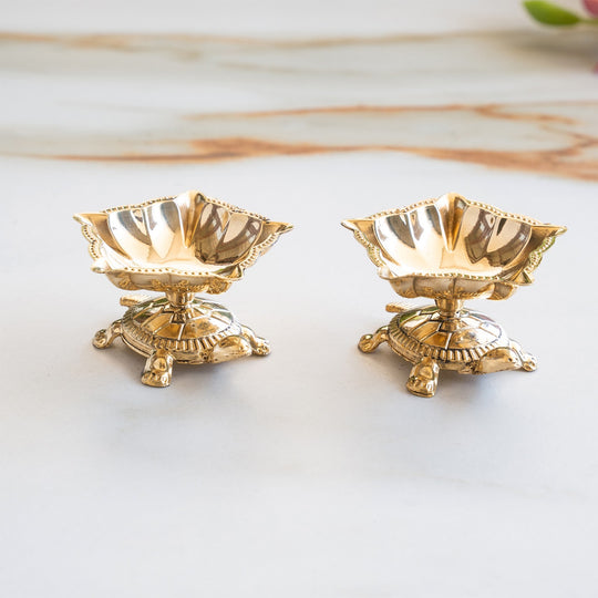 Brass Panch Mukhi Diya With Tortoise Base Set of 2