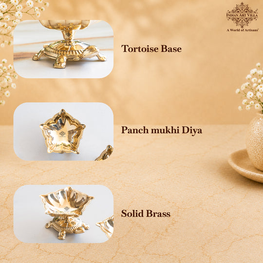 Brass Panch Mukhi Diya With Tortoise Base Set of 2