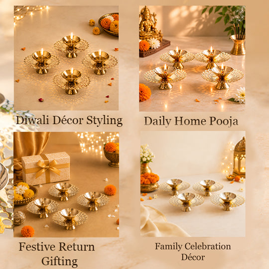 Brass Flower Jali Design Diya Set of 4