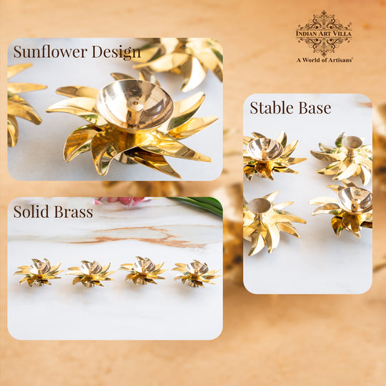 Brass Sunflower Design Diya Set of 4 -Temple Rituals & Traditional Gifting