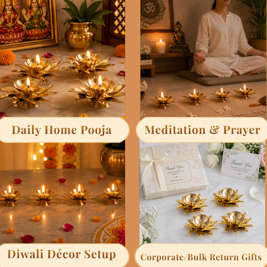 Brass Sunflower Design Diya Set of 4 -Temple Rituals & Traditional Gifting