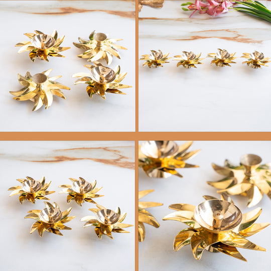 Brass Sunflower Design Diya Set of 4 -Temple Rituals & Traditional Gifting