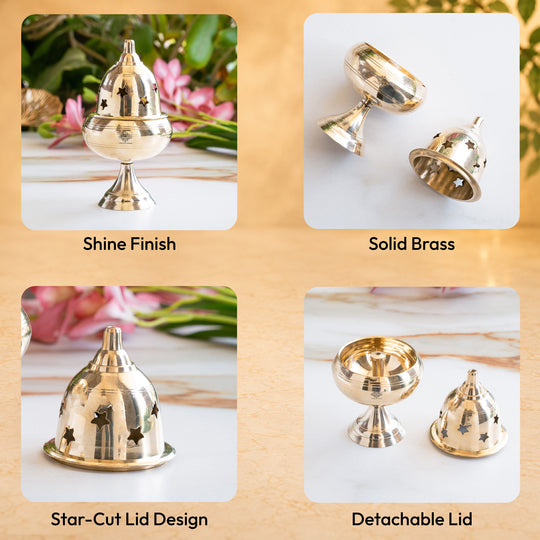 Brass Akhand Jyoti Diya with Star-Cut Protective Lid