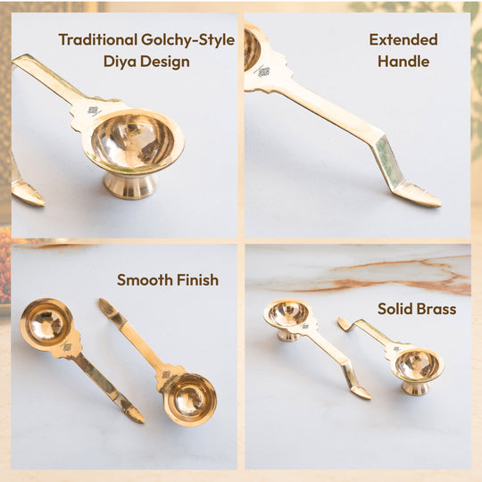 Brass Golchy Aarti Diya Set of 2 with Long Handle