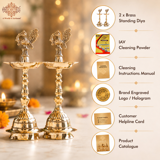 Brass Pillar Diya Set of 2 - Traditional South Indian Temple Oil Lamps