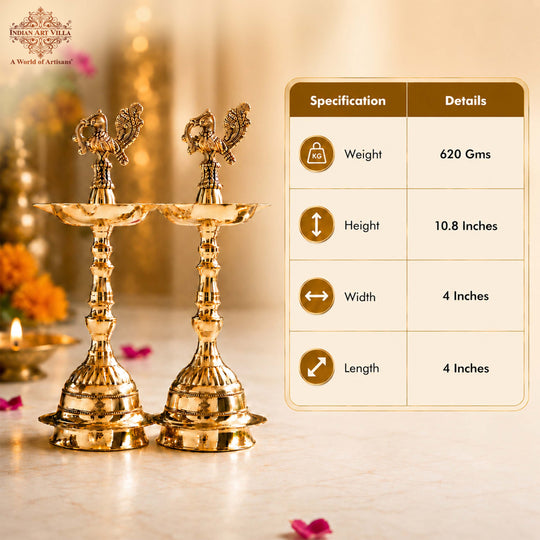 Brass Pillar Diya Set of 2 - Traditional South Indian Temple Oil Lamps