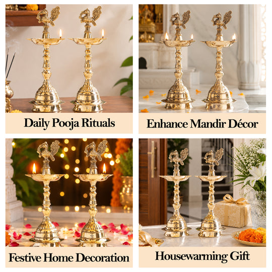 Brass Pillar Diya Set of 2 - Traditional South Indian Temple Oil Lamps