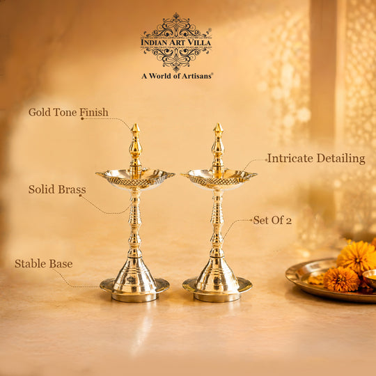 Brass Pillar Diya Set of 2 with Scalloped Bowl & Shine Finish