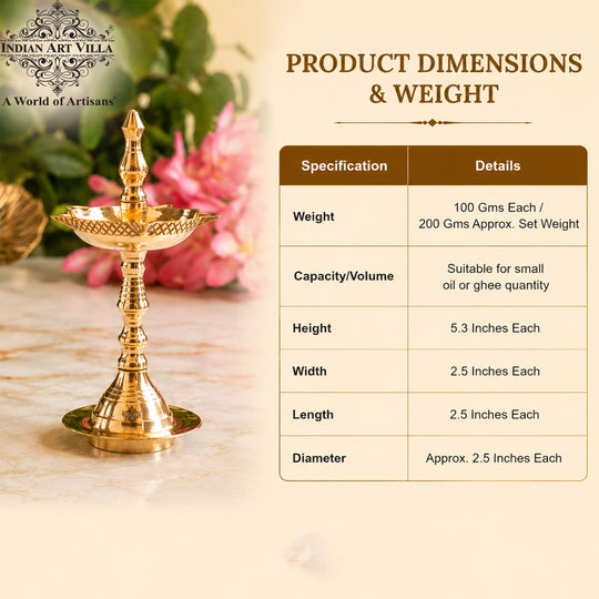 Brass Pillar Diya Set of 2 with Scalloped Bowl & Shine Finish