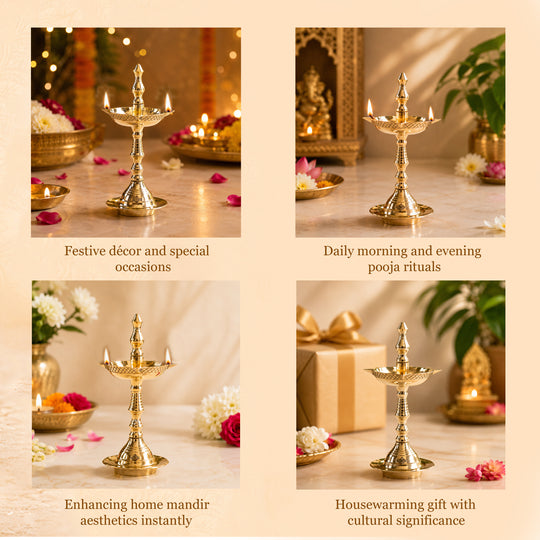 Brass Pillar Diya Set of 2 with Scalloped Bowl & Shine Finish
