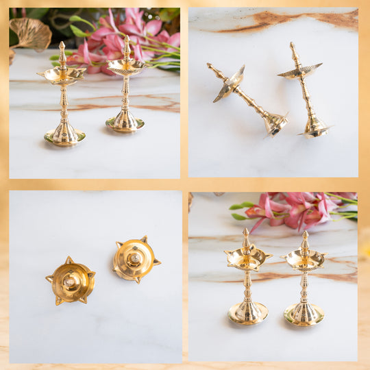 Brass Pillar Diya Set of 2 with Scalloped Bowl & Shine Finish