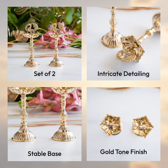Brass Pillar Diya Set of 2 - Standing Oil Lamps