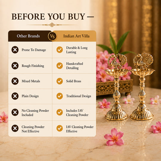 Brass Pillar Diya Set of 2 - Standing Oil Lamps