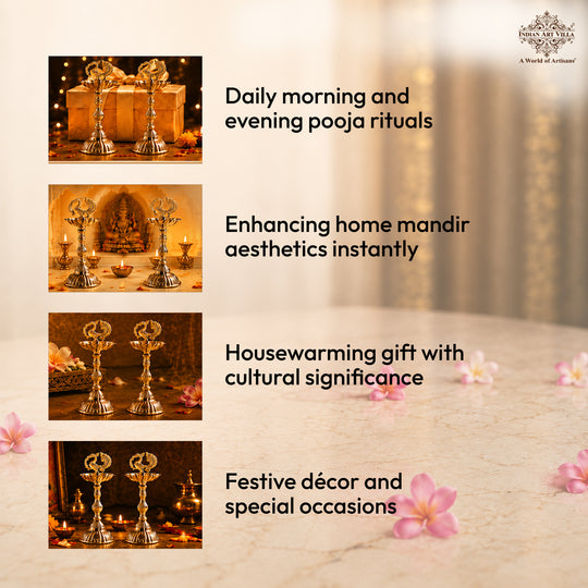 Brass Pillar Diya Set of 2 - Standing Oil Lamps