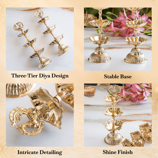 Brass Three-Tier Pillar Diya Set Of 2