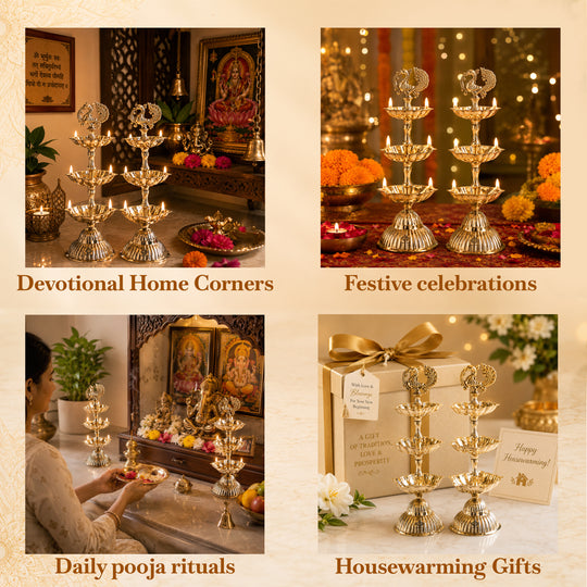 Brass Three-Tier Pillar Diya Set Of 2
