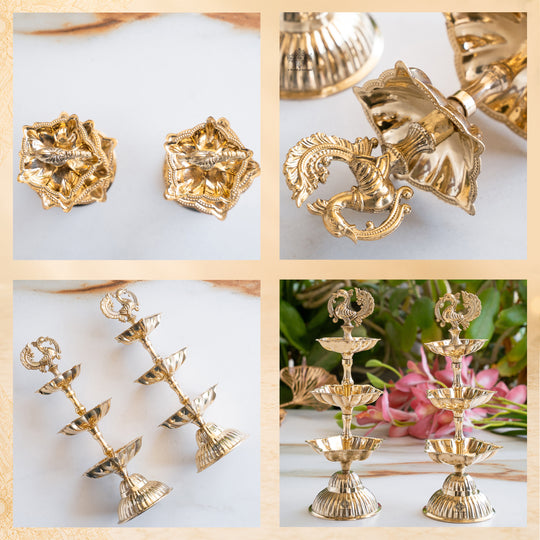 Brass Three-Tier Pillar Diya Set Of 2