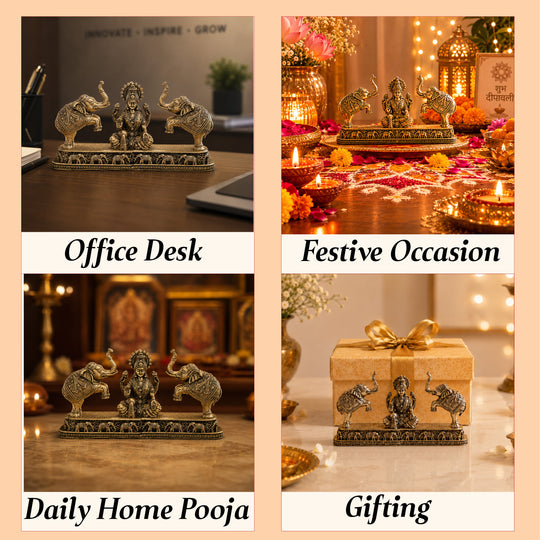Brass Lakshmi Idol with Elephant Design - Pooja Home Temple Décor and Gifting