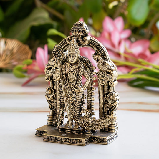 Lord Murugan Brass Idol with Temple Arch Design - Pooja and Spiritual Home Decor