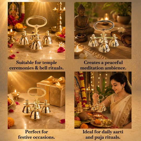 Brass 4 Bell with Ergonomic Handle| Multi-Tone Temple Bell
