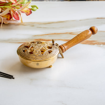 Brass Dhoopdan with Embossed Lid and Wooden Handle