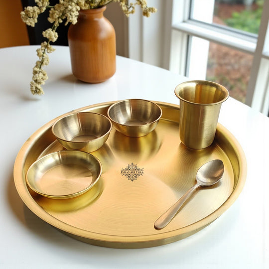 Pure brass matt finish 6 pieces dinner set thali set front view — Indian Art Villa