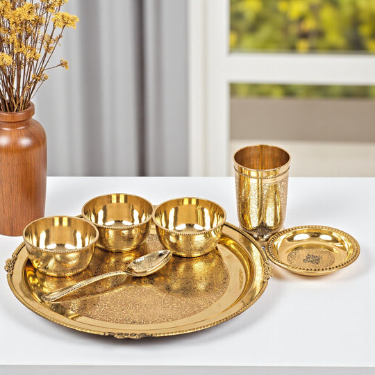 Brass hammered dinner set thali set beaded designer line 7 pieces front view — Indian Art Villa