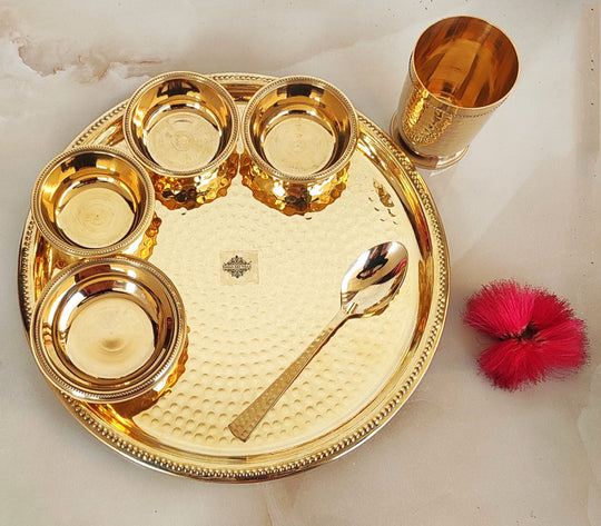 Pure Brass Hammered 7 Pieces Dinner Set / Thali Set with Beaded Line Design, Dinnerware, Tableware
