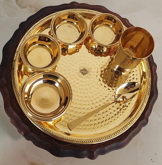 Pure Brass Hammered 7 Pieces Dinner Set / Thali Set with Beaded Line Design, Dinnerware, Tableware