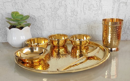 Pure Brass Hammered 7 Pieces Dinner Set / Thali Set with Beaded Line Design, Dinnerware, Tableware