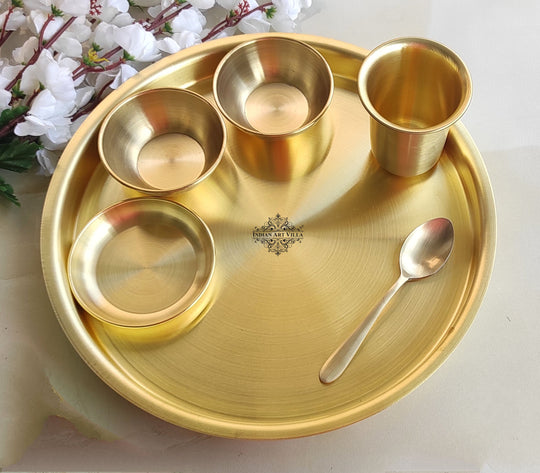 Pure Brass Matt Finish 6 Pieces Dinner Set / Thali Set, Dinnerware, Tableware