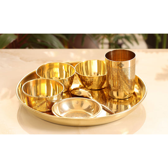 Pure Brass 7 Piece Dinner Set with Embossed Finish