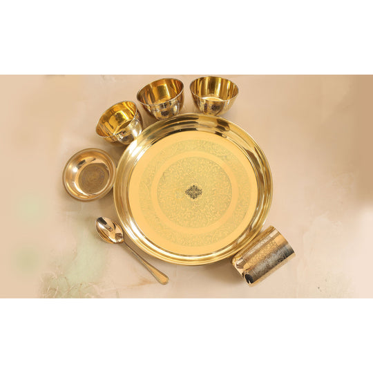 Pure Brass 7 Piece Dinner Set with Embossed Finish