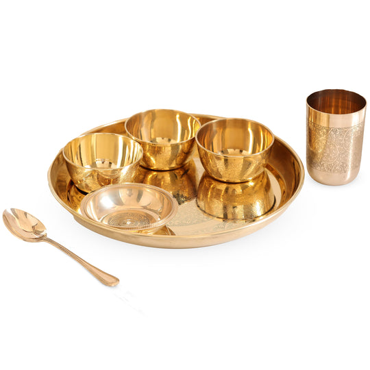 Pure Brass 7 Piece Dinner Set with Embossed Finish