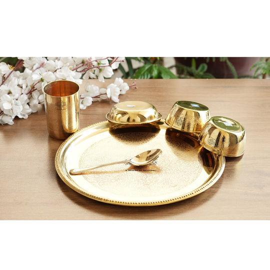 Handcrafted Pure Brass Dinnerware/Dinner Set, Embossed Kitchen Set for Home and Restaurant, (6 Pieces)