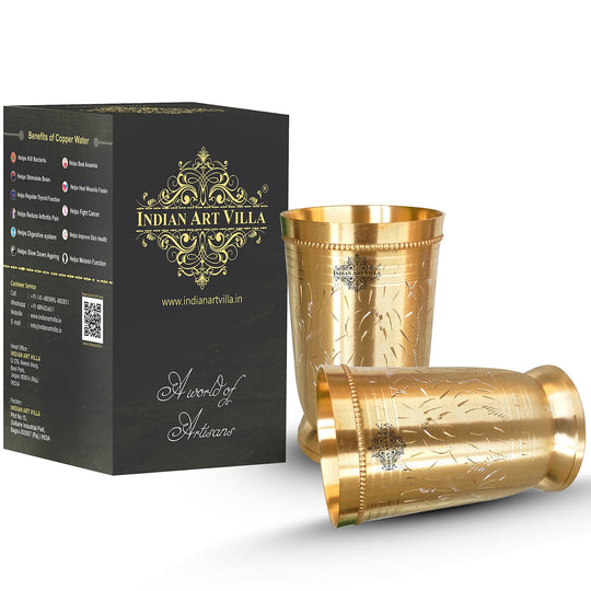 Brass Glass Tumbler with Etched Mughlai Matt & Hammered Design