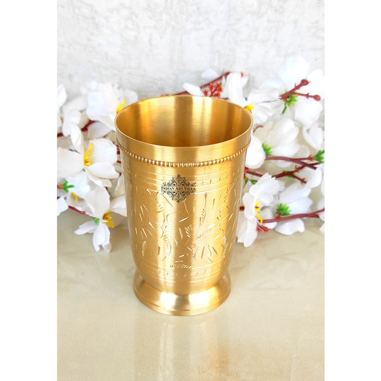 Brass Glass Tumbler with Etched Mughlai Matt & Hammered Design