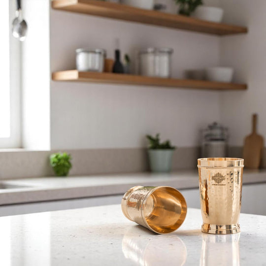 Brass Glass Tumbler with Etched Mughlai Matt & Hammered Design