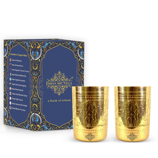 Decorative brass tumbler with detailed floral designs, offering timeless beauty and charm for any occasion.