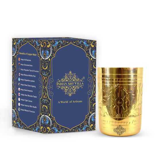 Pure Brass Glass with Embossed Flower Design - 300ml