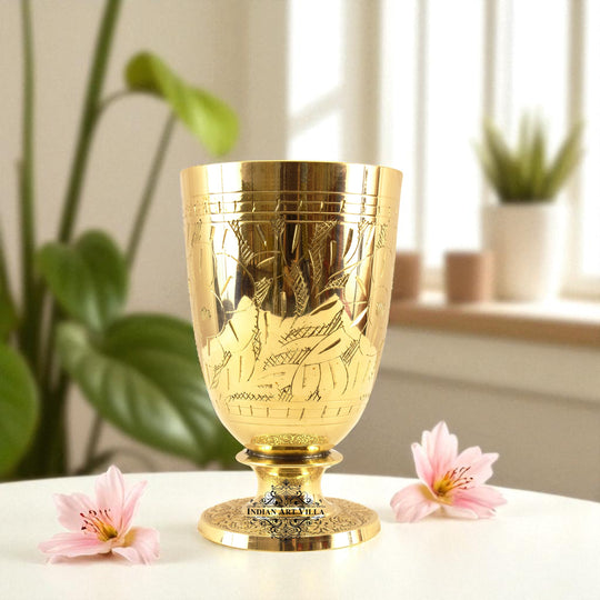 Pure Brass Embossed leaves Design Glass with Stand-350 ML